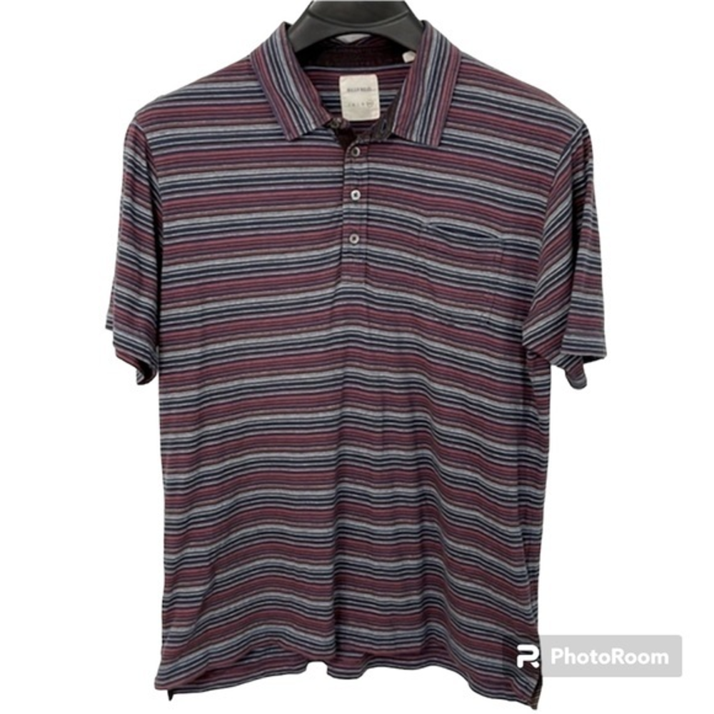 Billy Reid men's XXL red, grey &‎ blue striped short sleeve polo shirt.  EUC